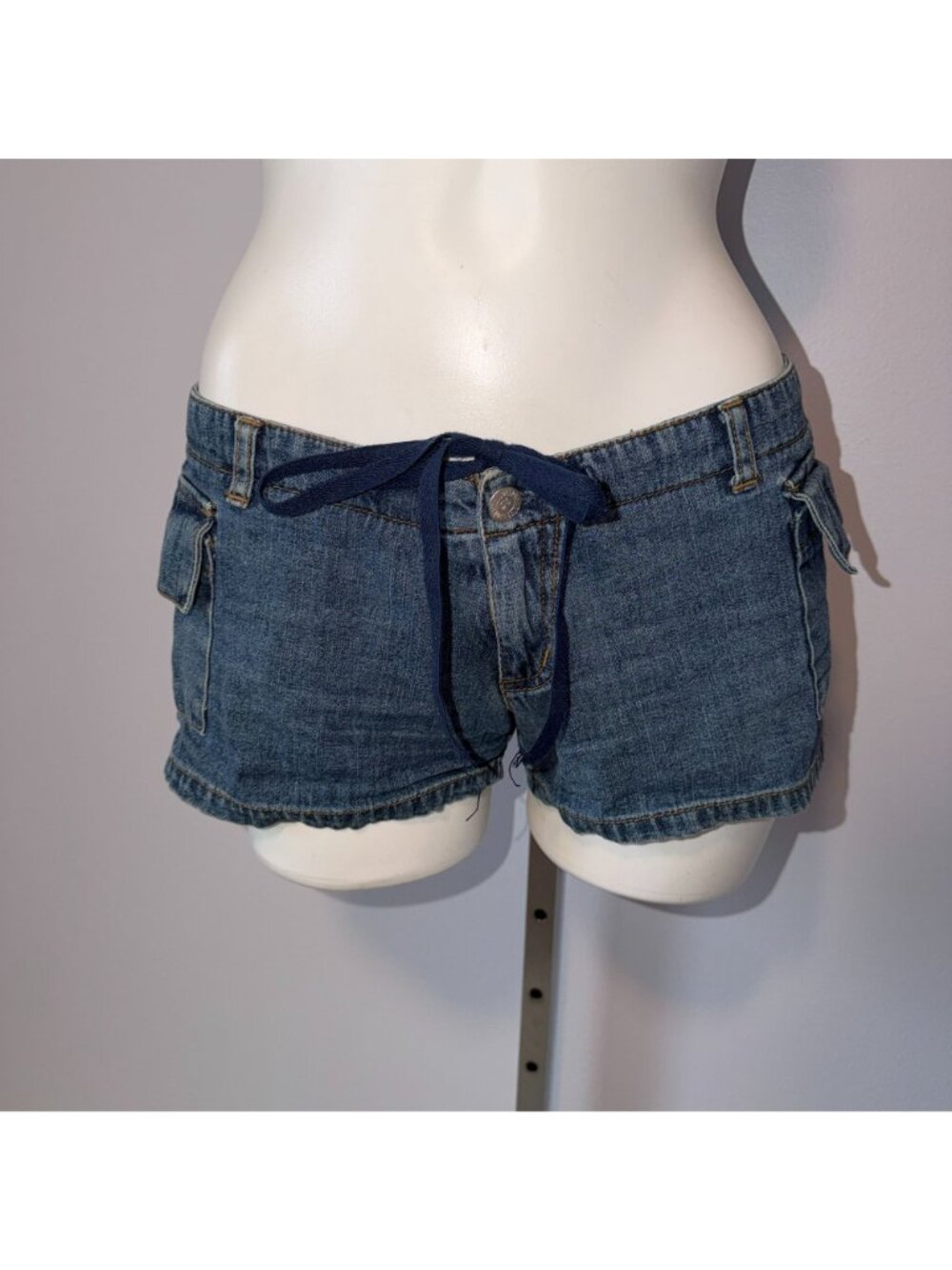 Vintage Blue Asphalt Y2K Denim Cargo Shorts Low Rise Drawstring Waist Women 0 - Picture 2 of 5